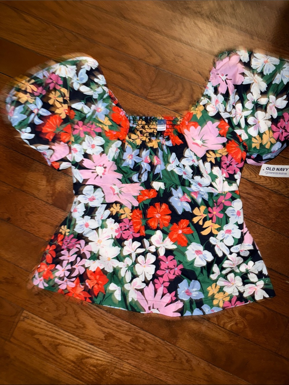 Old Navy Black Multi Floral Puff-Sleeve Peasant Top